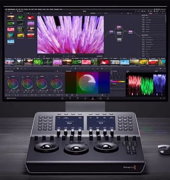 A DaVinci Resolve colour panel in front of a monitor showing the Resolve interface